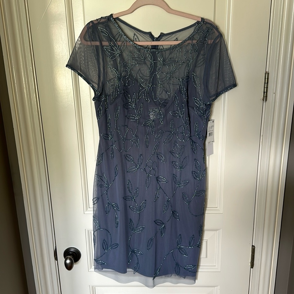 Papell Studio Dusty Blue Beaded Short Dress